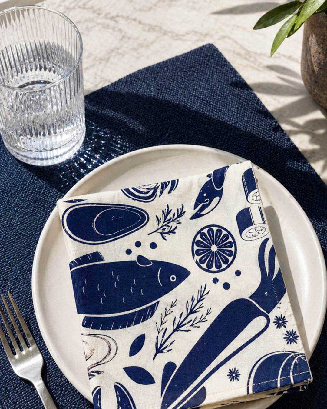 Deep Blue Seafood Print — Screen-Print Napkin